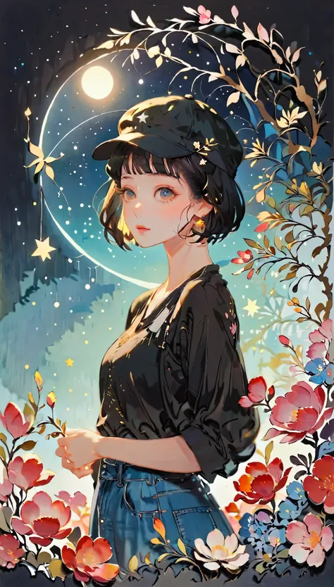 (((paper cutting style))), 1 girl, short black short hair, cap, shirts and denim, portfolio, gazing at a star-filled night sky