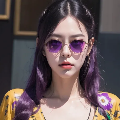 🌺 wearing a purple outfit and sunglasses with a purple choke, trending on cgstation, artwork in the style of guweiz, inspired by...