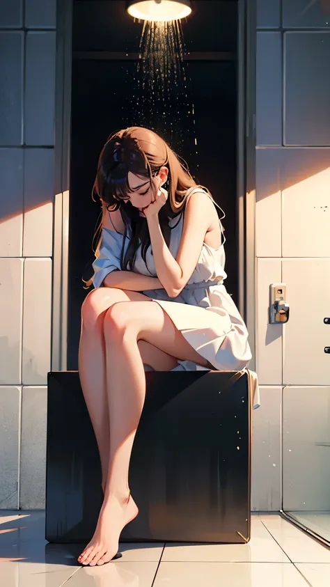 a woman with long hair taking a shower in a white dress, rock bottom, so sad, tragic, exhausting, masterpiece, cinematic