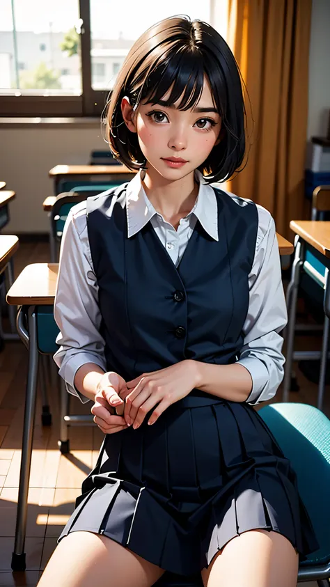 japanese、japanese high school girls uniform、school classroom、sitting in a chair、masterpiece, 最high quality, ultra-high resolutio...