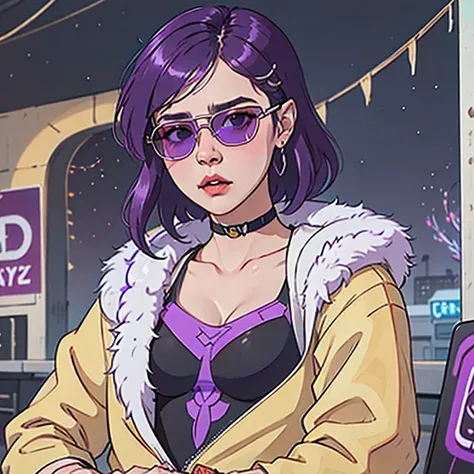 🌺 wearing a purple outfit and sunglasses with a purple choke, trending on cgstation, artwork in the style of guweiz, inspired by...