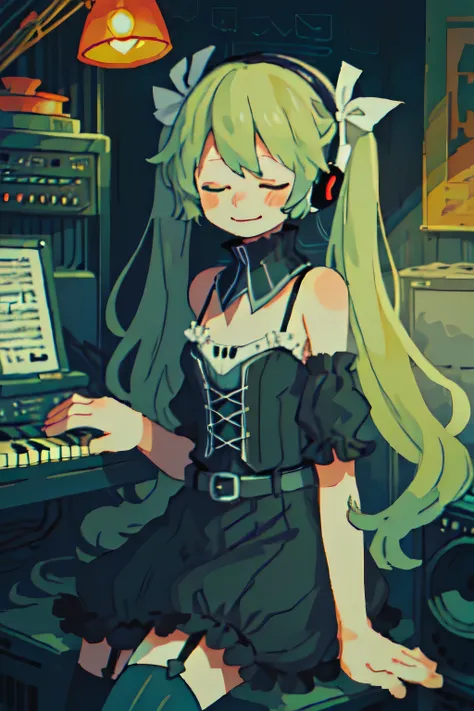 vocaloid, (hatsune miku, aqua hair, very long hair, twintails, aqua nails, aqua necktie:1.2),
(grant wood, american gothic:1.2),
1girl, solo, (portrait), smile, closed mouth, (closed eyes), lips, (spoken musical note),
(final fantasy tactics:1.2),
(recor...
