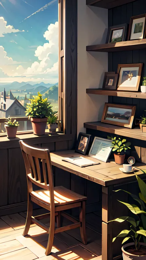 (masterpiece:1.2), best quality,pixiv,Warm animated scenes,
landscape, no humans, Sky, plant, window, food, cloud, Sky, cup, shelf, tree, able, table, bottle, Sunlight, blue Sky, indoors, potted plant, bread, plate, Chair, shop, electric fan, 
 