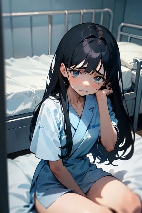 ((best quality)), ((masterpiece)), (detailed), A girl with a perfect face and long black hair is sitting on a hospital bed。Wearing hospital gown，A cold and sad face，cry，Tears。