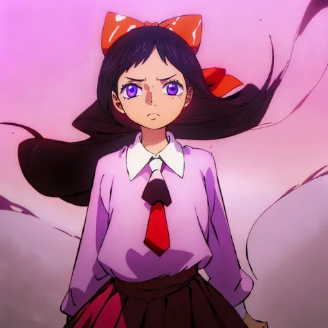 ((best quality)), ((masterpiece)), (detailed)), not too bright purple eyes, small heart pupils, half tied long flowy black hair, dark grey buttoned shirt with a black pleated skirt, long grey sleeves, red bow on neck tie with red ribbon, slight brownish sk...