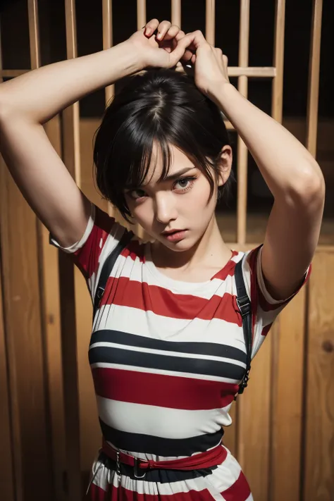 Beautiful woman dressed as a prisoner, shackles on feet, red striped jumpsuit, Iron bars, short sleeves, short cut hair, (Highly detailed facial expressions), random pose,