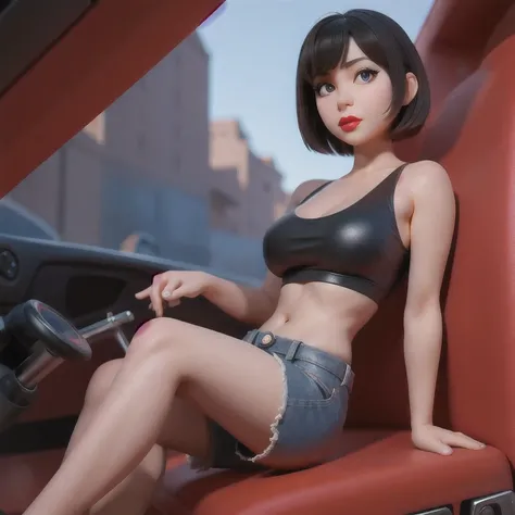 （（（1 Girl）））1 Girl
3d
bare shoulders
black eyes
black hair
blurry
blurry background
breasts
brown eyes
depth of field
leaning forward
lips
lipstick
looking at viewer
makeup
nose
outdoors
realistic
red lips
short hair
shorts
solo
tank top，(Desert Abyss)
