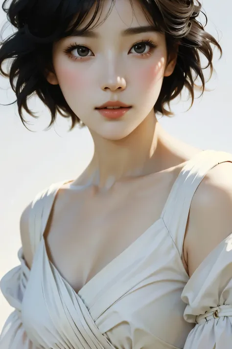 (masterpiece, highest quality:1.2), 1 female, alone、Beautiful Face、A vivid face、Black-haired、short hair、Beautiful Hairstyles、Beautiful Skin、Shoulder Shots、(Face close-up)、Simple white dress、LOHAS、Soft Light、Soft Focus、((White Background))、((Blank Backgroun...