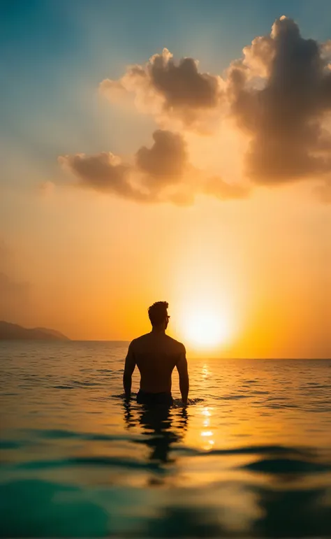 michael malarkey，a man enjoys the sunset over the sea in an infinity pool, leg,(panoramic), solitary, ((masterpiece)), ((best qu...