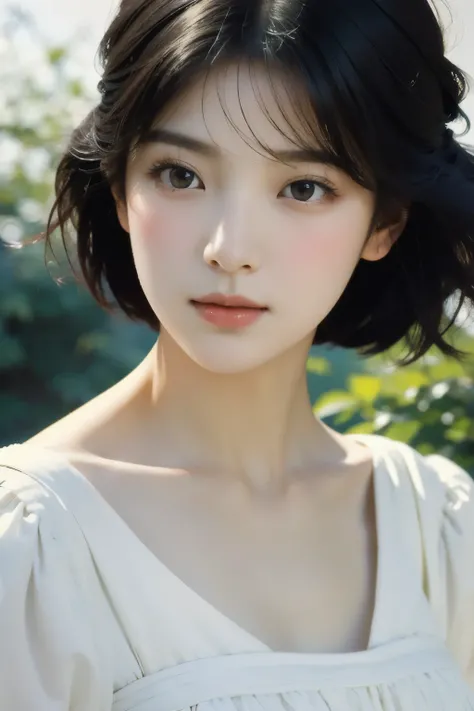 (masterpiece, highest quality:1.2), 1 female, alone、Beautiful Face、A vivid face、Black-haired、short hair、Beautiful Hairstyles、Beautiful Skin、(Face close-up)、Simple white dress、LOHAS、Soft Light、Soft Focus、((White Background))、((Blank Background))、Blur the ba...