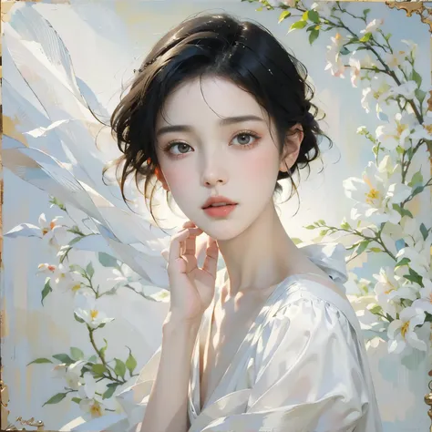 (masterpiece, highest quality:1.2), 1 female, alone、Beautiful Face、A vivid face、Black-haired、short hair、Beautiful Hairstyles、Beautiful Skin、(Face close-up:1.2)、Simple white dress、LOHAS、Soft Light、Soft Focus、((White Background))、((Blank Background))、Blur th...