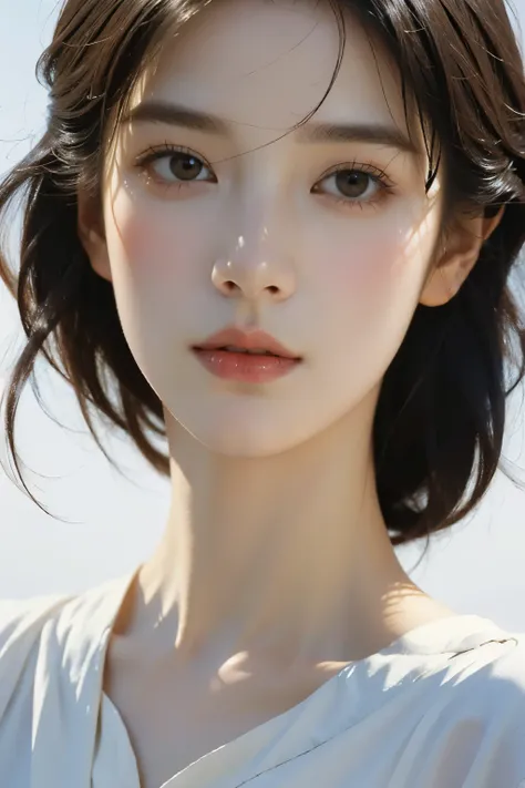 (masterpiece, highest quality:1.2), 1 female, alone、(Face close-up:1.4)、Beautiful Face、A vivid face、Black-haired、short hair、Beautiful Hairstyles、Beautiful Skin、Soft Light、Soft Focus、((White Background))、((Blank Background))、Blur the background、