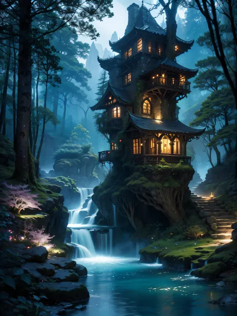 at night, a hidden fantasy world with magical creatures, majestic landscapes, enchanted forests, vast mountains, enchanted waterfalls, serene lakes, elaborate white castles, ancient ruins, elven village, fantasy bridges, secret paths, ethereal lighting, dr...