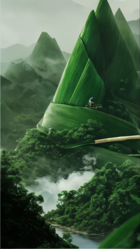 (Highly detailed), (16k:1.5), (Intricate Detail), zongzi, mountain, smoke, landscape, organic matte painting, bamboo, mobile wallpaper, mobile wallpaper, by Yu Zhiding, movie promotional pictures, jack and beanstalk, key art, beautiful 3D concept art, vert...