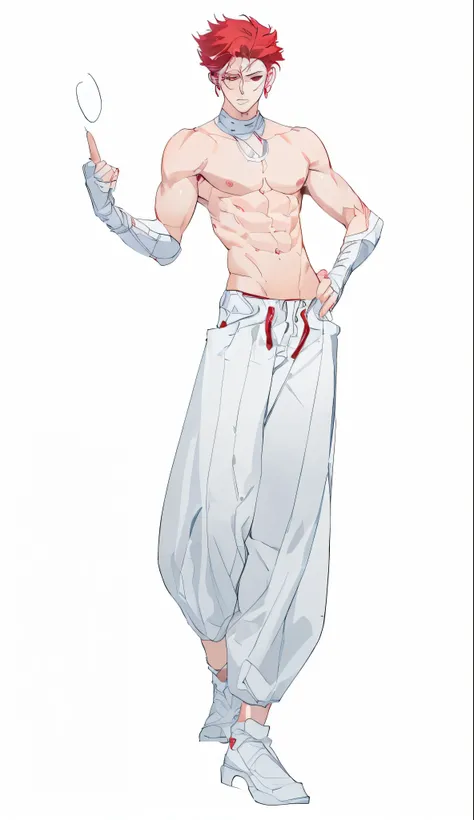  Red-haired male full body picture，The muscles are pronounced，White pants，Detailed depiction，Rich colors，Highest quality