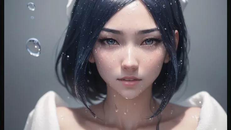 there is a woman with a towel on her head and water droplets on her face, artwork in the style of guweiz, 8k portrait render, photorealistic anime girl render, ross tran 8 k, hyper realistic anime, soft portrait shot 8 k, 3 d anime realistic, 3 d render ch...