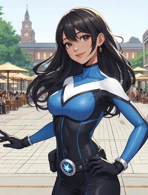 1lady standing, cosplayer, (superhero costume) stylish, belt, (mature female:0.9), /(black hair/) bangs, kind smile, (masterpiece best quality:1.2) delicate illustration ultra-detailed, large breasts BREAK (anime-related event) outdoors, (outdoor venue), s...