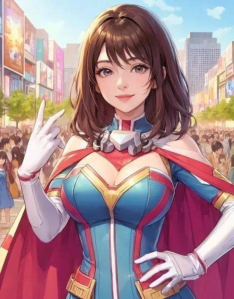 1lady standing, cosplayer, (superhero costume) stylish, belt, (mature female:0.9), /(brown hair/) bangs, kind smile, (masterpiece best quality:1.2) delicate illustration ultra-detailed, large breasts BREAK (anime-related event) outdoors, (outdoor venue), s...