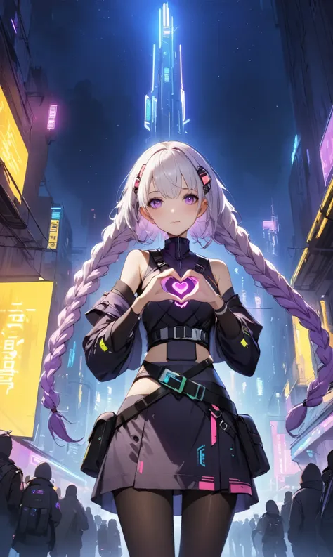  (Cyberpunk), Cyberpunk (series), 1 Girl, Heart hand, 2 long braids, belt, Tights, Separate sleeves, Purple Eyes,  Keep, Keep arms, looking at the audience, night, night Sky, pouch, Sky, Solitary, arms, white hair, 