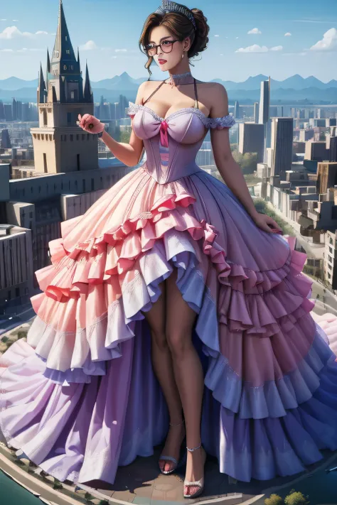 giantess art, highly detailed giantess shots, giantess, Two legs, Five fingers, short hair, super giant princess, A beautiful girl who is bigger than any skyscraper, Wearing rimless glasses, Big Breasts, White gorgeous dress, White Pantyhose, white pantyho...