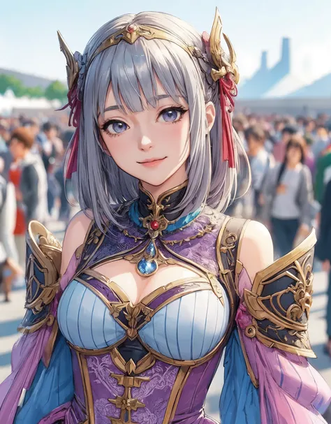 1lady standing, cosplayer, (fantasy anime costume) stylish, (mature female:0.9), /(silver hair/) bangs, kind smile, (masterpiece best quality:1.2) delicate illustration ultra-detailed, large breasts BREAK (anime-related event) outdoors, (outdoor venue), sq...