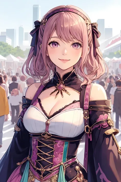 1lady standing, cosplayer, (fantasy anime costume) stylish, (mature female:0.9), /(light pink hair/) bangs, kind smile, (masterpiece best quality:1.2) delicate illustration ultra-detailed, large breasts BREAK (anime-related event) outdoors, (outdoor venue)...