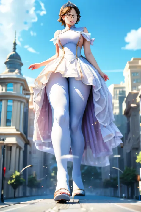 giantess art, highly detailed giantess shots, giantess, two legs, five fingers, short hair, super giant princess, a beautiful gi...