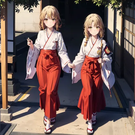 irohaisshiki, iroha isshiki, Long Hair, Brown Hair, (Brown eyes:1.5), smile,Bellflower,Shrine maiden, 白色kimono, kimono,Long red hakama ,White tabi,Sandals,Same as skirt, Wide sleeves, Long sleeve, Ribbon Trim Sleeve, Long braids,whole bodyがイラストに入るように,Walki...