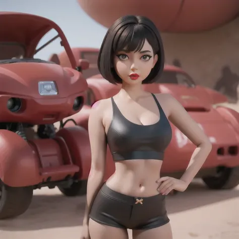 （（（1 Girl）））1 Girl
3d
bare shoulders
black eyes
black hair
blurry
blurry background
breasts
brown eyes
depth of field
leaning forward
lips
lipstick
looking at viewer
makeup
nose
outdoors
realistic
red lips
short hair
shorts
solo
tank top，(Desert Abyss)
