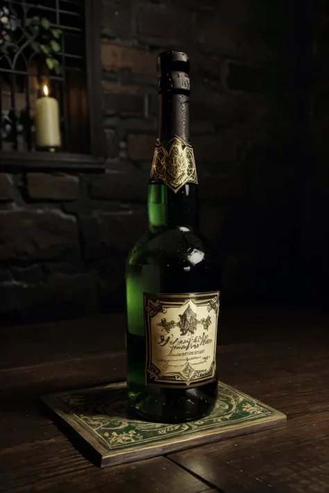 (Obra de arte, melhor qualidade:1.2), 1 garota, Sozinho Create a high definition (4K) absinthe label with a rock and roll theme incorporating the following elements: Character: A brunette fairy with black wings, details in light and translucent green tones...