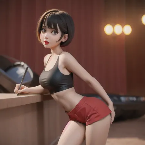 （（（1 Girl）））1 Girl
3d
bare shoulders
black eyes
black hair
blurry
blurry background
breasts
brown eyes
depth of field
leaning forward
lips
lipstick
looking at viewer
makeup
nose
outdoors
realistic
red lips
short hair
shorts
solo
tank top，(Desert Abyss)
