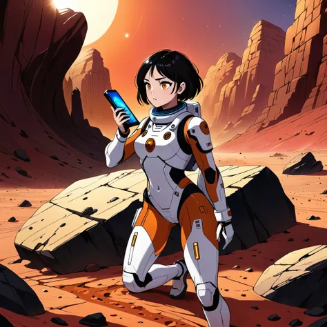 (comic book art) Girl exploring a mysterious landscape on Mars, wearing a futuristic spacesuit with glowing LED lights, surrounded by red dust particles. The color palette is dominated by shades of red and orange, reflecting the Martian environment. The li...