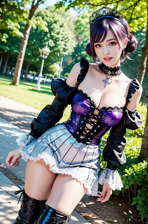 (nsfw), sexy stylish feminine model, only 1 female, ((doll-like appearance)), short purple stylish hair, ((shiny Victorian-Style boots)), (big smile), ultra detailed eyes, vivid eye makeup, lipgloss, long lashes, defined eyebrows, ((sexy Paradise Kiss cosp...