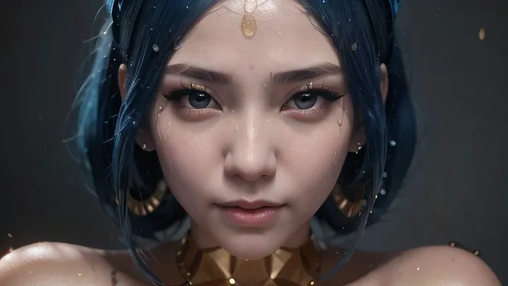 anime girl with blue hair and gold earrings holding a toy, rossdraws portrait, hyper detail portrait, 8k portrait render, cgsociety portrait, ultra detailed portrait, fanart best artstation, trending on cgstation, closeup character portrait, 8k artgerm bok...