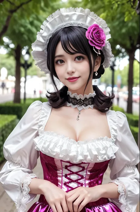 (nsfw), sexy stylish feminine model, only 1 female, ((doll-like appearance)), short magenta stylish hair, ((shiny Victorian-Style boots)), (big smile), ultra detailed eyes, vivid eye makeup, lipgloss, long lashes, defined eyebrows, ((sexy Paradise Kiss cos...