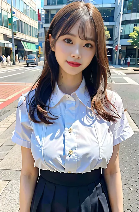 sidewalk, RAW photo, 8K, highest quality, super high resolution, beautiful face details, real human skin, gentle expression, front view, angle from below, long hair, realistic, realistic, cute, short skirt, standing deep in the city, cute , japanese  unifo...