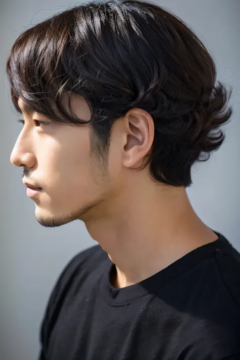 Japanese handsome man,Profile portrait,Black Shirt,Short hair perm