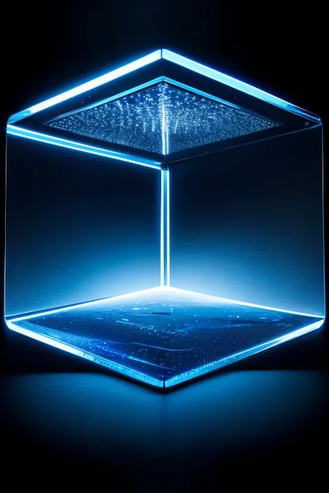 technology blue future technology digital future lighting scene business background ，Background abstract transparent glass frame composed of lights，Square Stage，abstract、Gorgeous lighting。geometry,Round stage