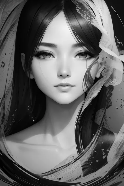 best quality, super fine, 16k, delicate and dynamic, black and white ink painting, close-ups of faces, memorable depictions of faces only, water blur effect, brush stroke effect, abstract painting, smudged gray effect