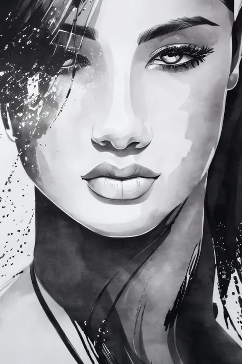 best quality, super fine, 16k, delicate and dynamic, black and white ink painting, close-ups of faces, memorable depictions of f...