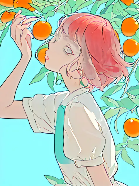 A girl picking oranges，Bright colors