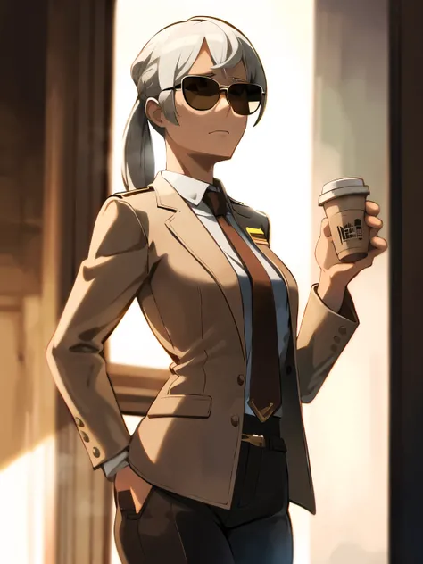 Solo girl, flat background, white hair, tall girl, wearing aviator sunglasses, wearing a brown suit jacket with a white shirt and red tie, a badge over the jacket, drinking coffee, photorealistic, 8k, highly detailed, elegant, mature style, realistic light...