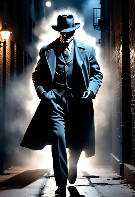 Macro script quality, ultra realistic,HD, HQ, 4K, 8K, high details, full body shot, hand guns, futuristic, sci-fi, perfect face, Monochromatic illustration, film noir art, stark lighting, 1930s Chicago gangster in the style of James Cagney wearing an expen...