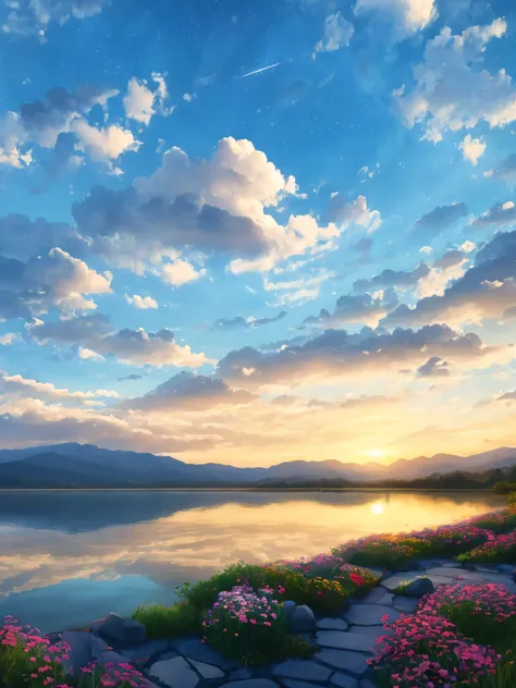 Nearby is the forested Great Plains,Flowers are blooming even in the plains,There is a lake,there is a stone,A hazy mountain in the distance々I can see,The sky was colored by clouds,the morning sun rises,Starlight,watercolor asterpaintings