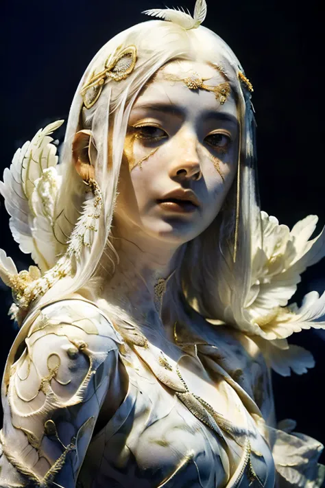 a woman with freckles and freckles on her head, flora borsi, beautiful surreal portrait, inspired by Maciej Kuciara, white feathers, black and white artistic photo, surreal portrait photography, girl with feathers, ethereal beauty, jingna zhang, by Antoni ...