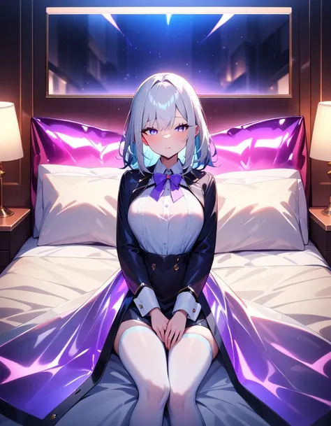 lovehotel, reflection wall, glowing bed,1girl, clothed, lying on bed, masterpiece, best quality, very aesthetic,