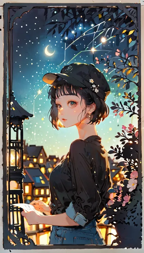 (((paper cutting style))), 1 girl, short black short hair, cap, shirts and denim, portfolio, gazing at a star-filled night sky