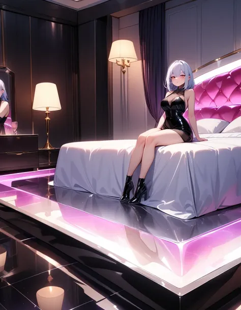 lovehotel, reflection ground, glowing bed, sitting, 1girl, close up, masterpiece, best quality, very aesthetic,