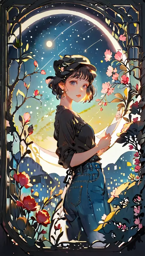 (((paper cutting style))), 1 girl, short black short hair, cap, shirts and denim, portfolio, gazing at a star-filled night sky