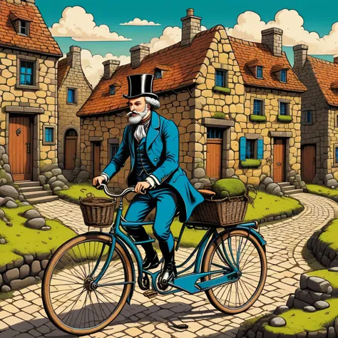 aesthetics of vector graphics, surreal image of an 18th century gentleman on a retro bicycle, riding a bicycle along the street ...